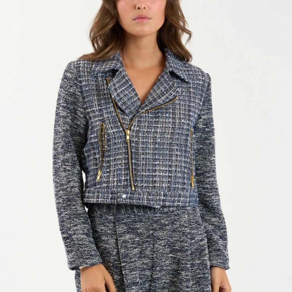 Sundays by We Are Sundays Bliss Navy Blue Tweet Moto Cropped Blazer Jacket